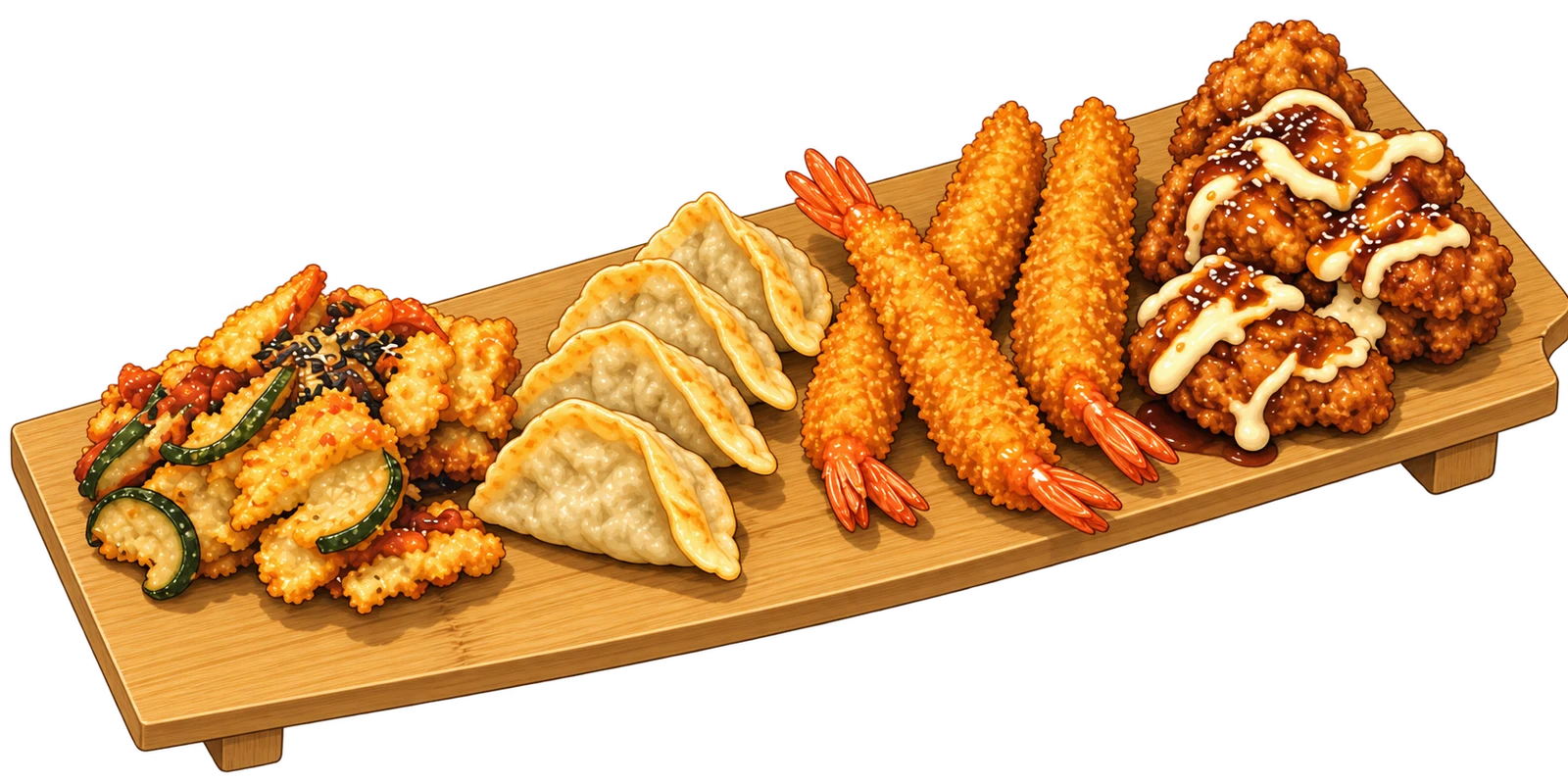 Illustration du Moriawase : tempura, gyoza, crevettes panées et karaage sur un plateau en bambou