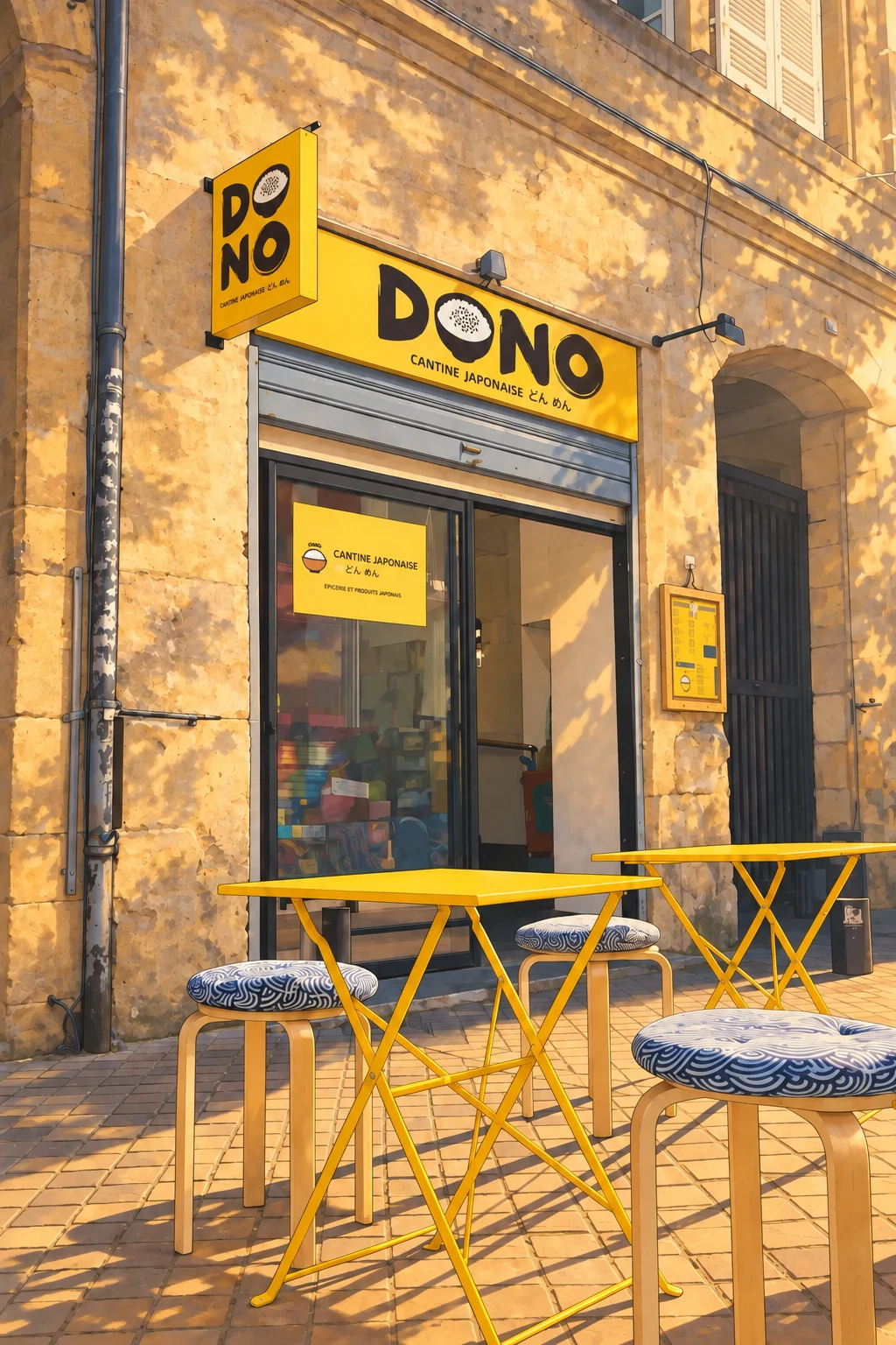 Illustration de la petite terrasse DONO et de ses tables jaunes devant la façade en pierre